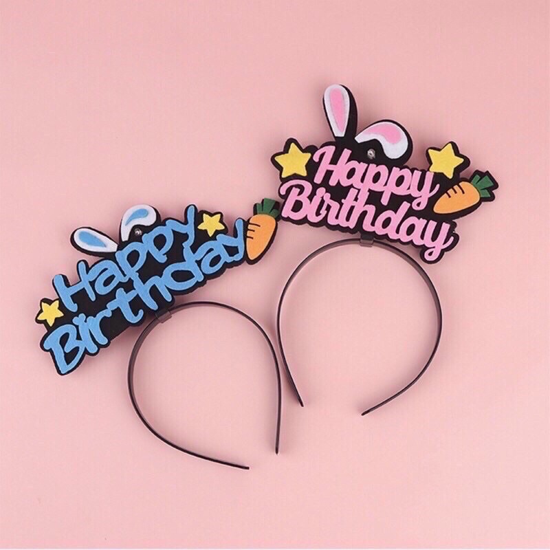 Băng đô cài tóc sinh nhật chữ Happy Birthday vải nỉ có đèn (màu xanh/hồng)