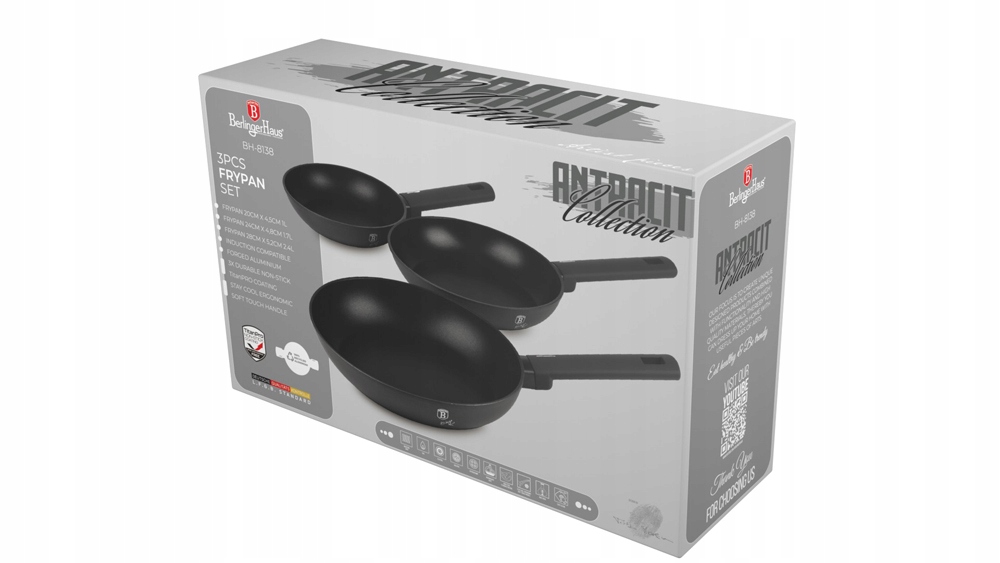 Bộ 3 chảo Berlinger Haus BH/8138 3pcs Frypan Set 20 – 24 – 28cm màu than đen – Antracit Collection Hàng chính hãng