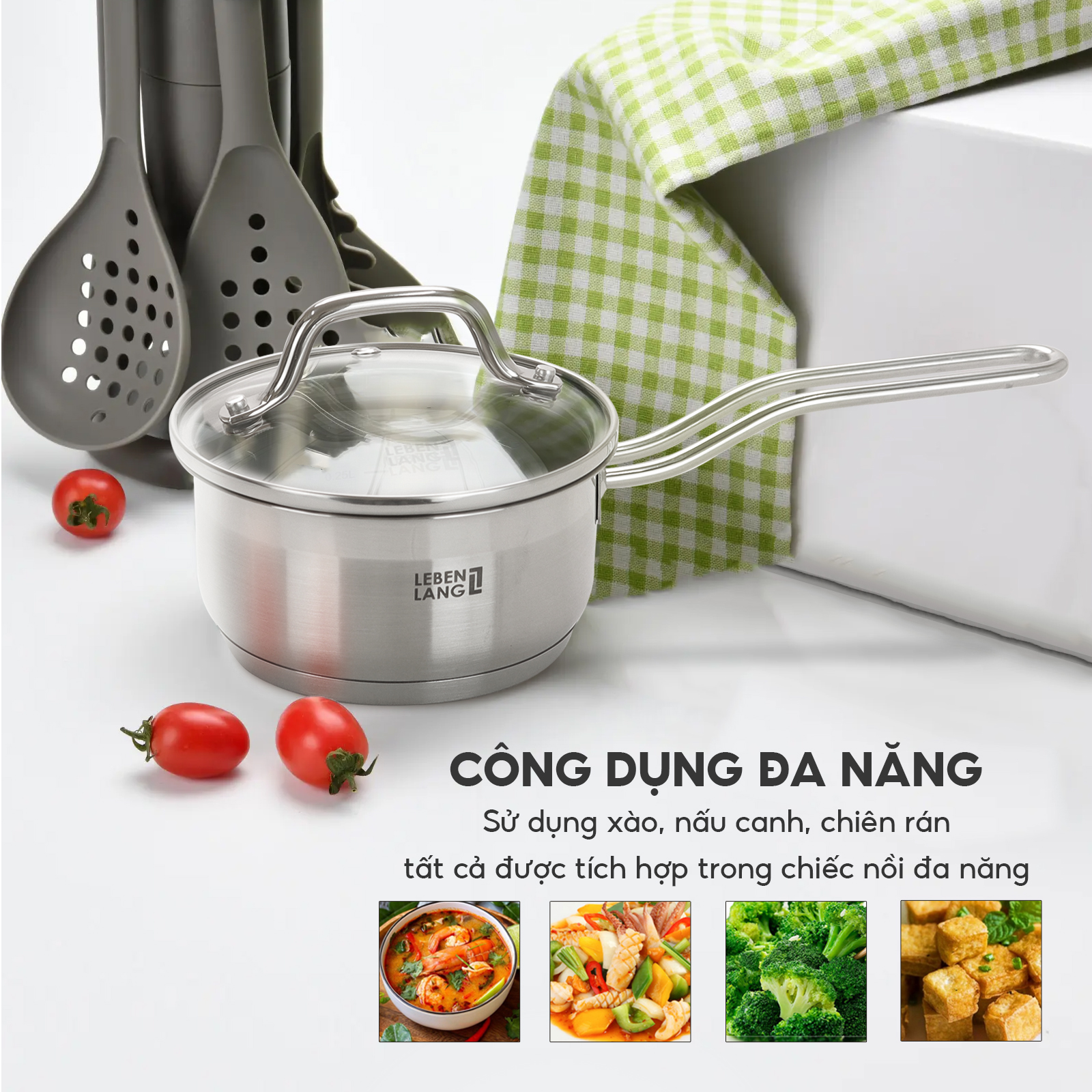 Quánh inox 304 vung kính đáy 3 lớp Lebenlang LBL2530, LBL2531, LBL2532, size 12,14,16, dùng các loại bếp - hàng chính hãng