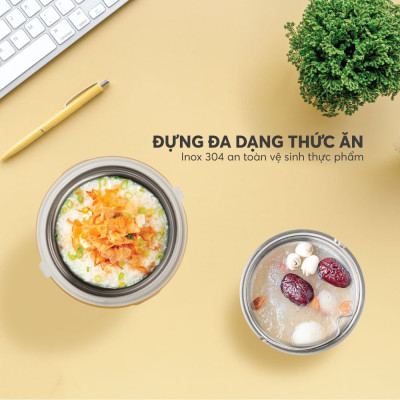 Bình đựng thức ăn giữ nhiệt inox 304 Elmich EL8310 1.2L, Hàng chính hãng, quai xách silicone,nắp có thể tháo rời-JoyMall