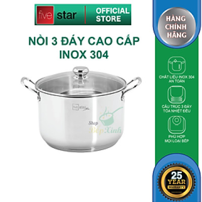 Nồi luộc gà inox 304 cao cấp Fivestar Plus 28cm nắp kính , 3 đáy dùng được bếp gas , hồng ngoại ( tặng 1 vá canh inox )
