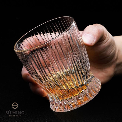 Bộ 6 Cốc Thuỷ Tinh, Ly Thủy Tinh Chịu Nhiệt Viền Vàng Sọc Vân Gỗ | Ly Whisky | Decor quán Bar phong cách Châu Âu