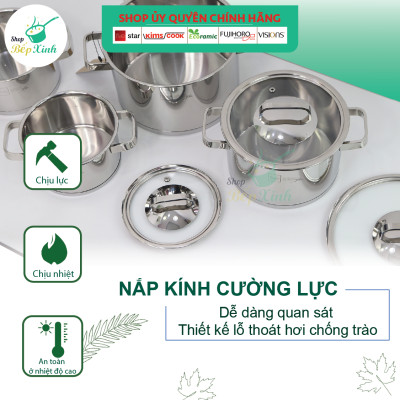 Combo Bộ nồi inox và xửng hấp Fivestar 5 món nắp kính ( 1nồi 16cm x1nồi 18cm x1nồi 20cm x1nồi 24cm x 1thân xửng 24cm)