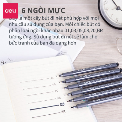 Bộ 6 cây Bút đi nét - Bút vẽ kỹ thuật mực đe - vẽ caligraphy phác thảo mực đen kháng nước Deli S573