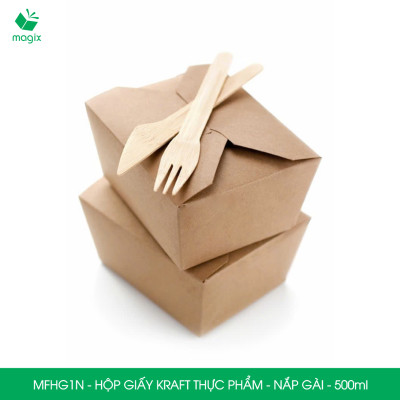 MFHG1N - 50 hộp giấy kraft thực phẩm 500ml, hộp giấy nắp gập màu nâu đựng thức ăn, hộp giấy nắp gài gói đồ ăn mang đi 