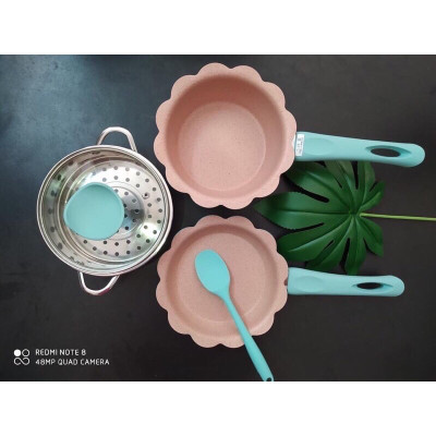 Bộ nồi chảo đá hình hoa cho bé ăn dặm cao cấp chống dính kèm lồng hấp nấu chế biến đồ gia đình dùng được bếp từ