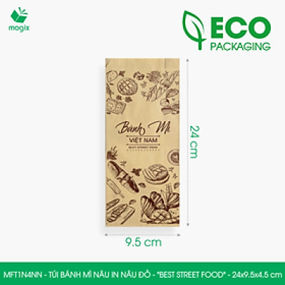 MFT1N4NN - 24x9.5x4.5 cm - 1000 Túi bánh mì Nâu, in sẵn họa tiết BEST STREET FOOD - Bao bánh mì Túi giấy thực phẩm an toàn