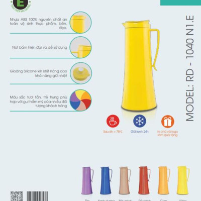 Phích pha trà giữ nhiệt cao cấp Rạng Đông, 1 lít, thân nhựa, vai nhựa, Model: RD-1040N1.E - Chính Hãng