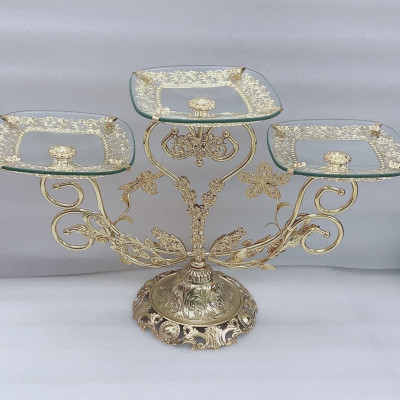 KHAY ĐỰNG BÁNH KẸO HOA QUẢ  THỦY TINH 3 TẦNG KHUNG KIM LOẠI - VD28