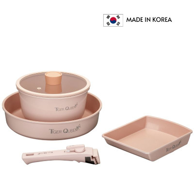 Bộ nồi Ceramic từ tính tay cầm rời Tiger Queen DCWCP-SET [5 món] - Màu hồng hoa anh đào - Chính hãng