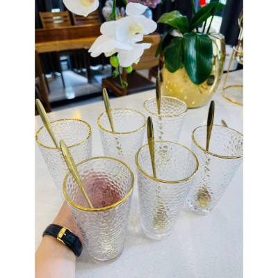 BỘ 6 CỐC UỐNG NƯỚC HOA QUẢ THỦY TINH CAO CẤP VÂN KIM CƯƠNG SANG TRỌNG ( CỐC CAO 0