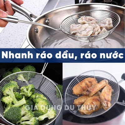 Vợt chiên ráo dầu inox , Vợt vớt thức ăn inox có cán treo tiện lợi - GROFA