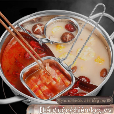CHAO VỚT VỢT RÂY LỌC LỖ THOÁT MỊN CÔNG NGHỆ CNC CHUYÊN DỤNG LẨU - INOX 304 - CHAO LỌC TAY CẦM GẬP LẠI, ĐƯỢC 4 VỊ TRÍ / CẠNH TREO TIỆN LỢI
