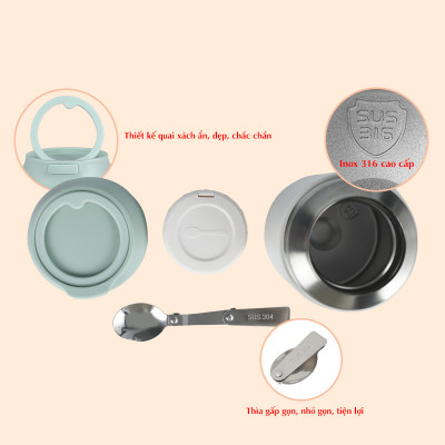 Bình ủ cháo inox 316 JIDOSA JD3870 hộp giữ nhiệt lâu dung tích 850ml tặng kèm muỗng gấp gọn tiện lợi