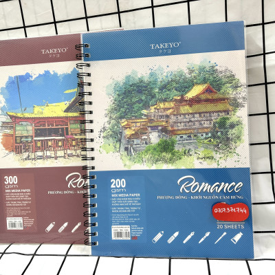 Sổ Vẽ Lò Xo Đa Năng Cao Cấp 20 Tờ Size A4-A5 Định Lượng Giấy 200GMS Và 300GMS Bìa Nhựa Chống Thấm Nước ROMACE TAKEYO, Sổ Vẽ Chuyên Dùng Cho Màu Nước