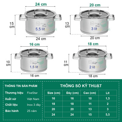 Combo Bộ nồi inox 304 và xửng hấp cao cấp  Fivestar Plus 5 món nắp kính ( 1nồi 16cm x1nồi 18cm x1nồi 20cm x1nồi 24cm x 1thân xửng 24cm) , tặng 1 vá canh 