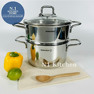 Bộ nồi xửng hấp inox 18/10 Korkmaz Perla Thổ Nhĩ Kỳ, Bảo hành 4 năm -  Hàng Chính Hãng