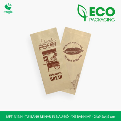 MFT1N1NN - 24x9.5x4.5 cm - 1000 Túi bánh mì Nâu, in sẵn họa tiết XE BÁNH MÌ - Bao bánh mì Túi giấy thực phẩm an toàn