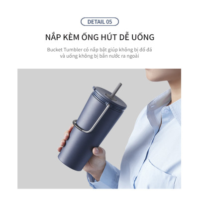 Bình giữ nhiệt Lock&Lock Bucket Tumbler Nắp đậy có ống hút - Màu xanh navy LHC4268NVY 540ml - Hàng chính hãng thép không gỉ quai xách tiện lợi - JoyMall