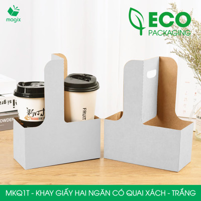 MKQ1T - 17.5x8x9 cm - Combo100 Khay giấy 2 ngăn quai xách màu trắng siêu chắc, hộp giấy 2 ngăn chống thấm đựng ly nước, hoa và quà tặng