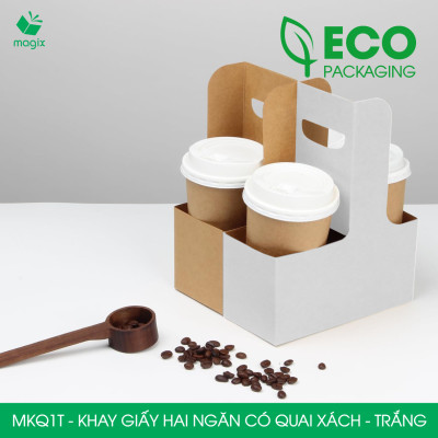 MKQ1T - 17.5x8x9 cm - Combo100 Khay giấy 2 ngăn quai xách màu trắng siêu chắc, hộp giấy 2 ngăn chống thấm đựng ly nước, hoa và quà tặng