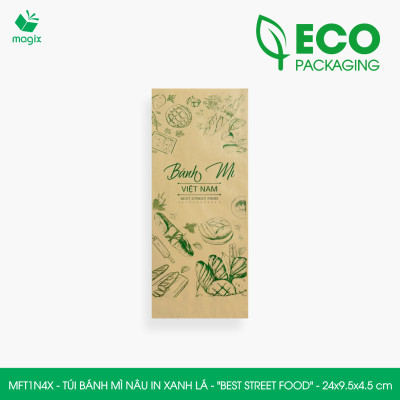 MFT1N4X - 24x9.5x4.5 cm - 500 Túi bánh mì Nâu, in sẵn họa tiết BEST STREET FOOD - Bao bánh mì Túi giấy thực phẩm an toàn