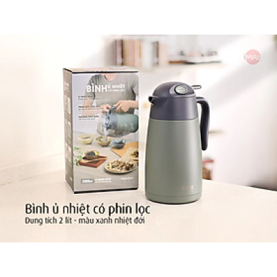 Bình ủ nhiệt Imat có phin lọc 2000ml màu xanh nhiệt đới, ruột bình, phin lọc làm bằng Inox 304