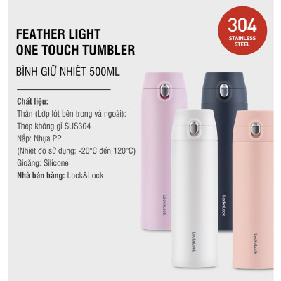 Bình Giữ Nhiệt Lock&Lock Featherlight One Touch Tumbler LHC3257 (500ml) - Hàng Chính Hãng, Mở Nắp Bằng 1 Tay, Thân Bình Nhỏ Gọn, Trọng Lượng Nhẹ Hoàn Hảo, Tặng Kèm Ống Hút Inox