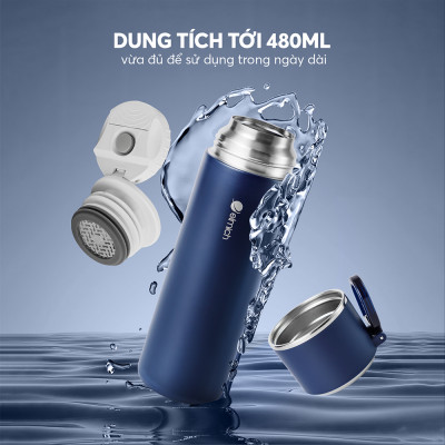 Bình giữ nhiệt inox 316 Elmich EL8315 480ml, Hàng chính hãng, nắp dùng làm cốc, có lưới lọc -JoyMall