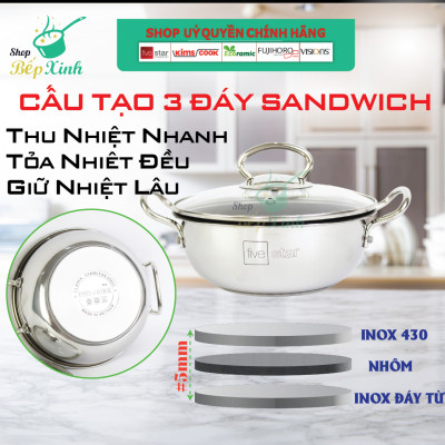 Nồi inox chống dính Fivestar 3 đáy nắp kính 20cm - dùng được bếp từ - tặng 5 muỗng ăn