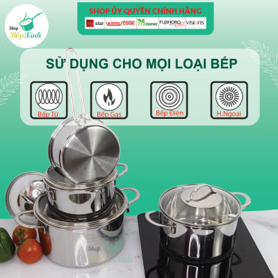 Bộ nồi quánh inox 304 cao cấp Fivestar Plush 3 lớp đúc liền đáy từ , quai oval , nắp kính