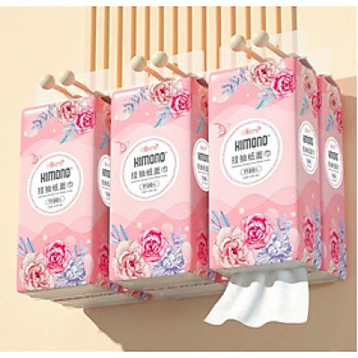 COMBO 10 bịch giấy treo tường đa năng KIMONO hoa hồng 4 lớp dạng rút 1100 tờ tặng kèm 2 móc treo đôi