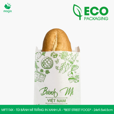 MFT1T4X - 24x9.5x4.5 cm - 1000 Túi bánh mì Trắng, in sẵn họa tiết BEST STREET FOOD - Bao bánh mì Túi giấy thực phẩm an toàn