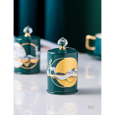 Lọ Đựng Tăm Xanh Sứ Hoa Văn Hươu Cao Cấp Vàng Kim 2022 | Hũ sứ có nắp đậy đính đá size To