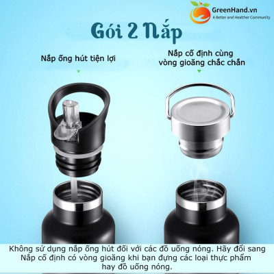 Bình giữ nhiệt 48H GreenHand inox cao cấp 1000ml kèm túi vải, gói 2 nắp, bộ ống hút và cọ vệ sinh tiện lợi