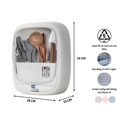 Hộp Đựng Đũa Thìa Dán Tường Bốn Ngăn Tiện Dụng Có Nắp Đậy, Dán Tường Siêu Chắc Chắn - Hàng Việt Nam