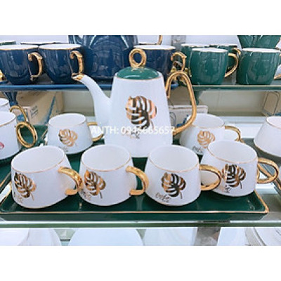 BỘ ẤM CHÉN PHA TRÀ CÀ PHÊ TRẮNG NẮP XANH HỌA TIẾT LÁ VÀNG KÈM KHAY SỨ XANH