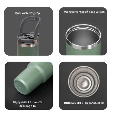 Ly Giữ Nhiệt inox 304 không gỉ sét kèm quai xách và ống hút Mishio size 600ml và 900ml - Hàng chính hãng