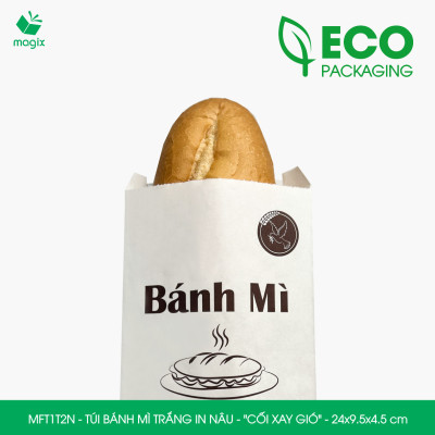 MFT1T2N - 24x9.5x4.5 cm - 500 Túi bánh mì Trắng, in sẵn họa tiết CỐI XAY GIÓ - Bao bánh mì Túi giấy thực phẩm an toàn