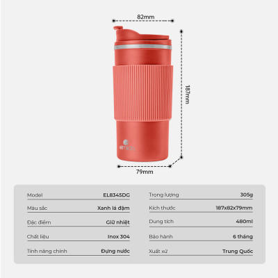 Ly giữ nhiệt inox 304 Elmich EL8345 480ml, Hàng chính hãng, lớp silicone chống trượt - JoyMall