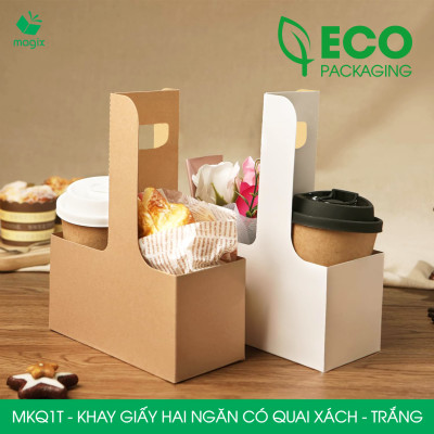 MKQ1T - 17.5x8x9 cm - Combo100 Khay giấy 2 ngăn quai xách màu trắng siêu chắc, hộp giấy 2 ngăn chống thấm đựng ly nước, hoa và quà tặng