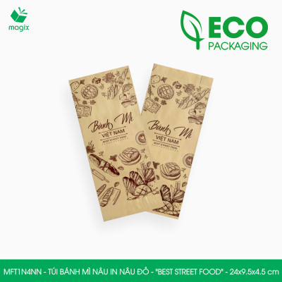 MFT1N4NN - 24x9.5x4.5 cm -100 Túi bánh mì Nâu, in sẵn họa tiết BEST STREET FOOD - Bao bánh mì Túi giấy thực phẩm an toàn
