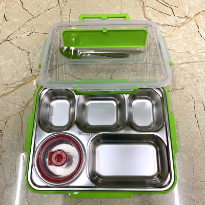 Bộ khay cơm phần 5 ngăn inox 304 có chén đựng canh và muỗng đũa