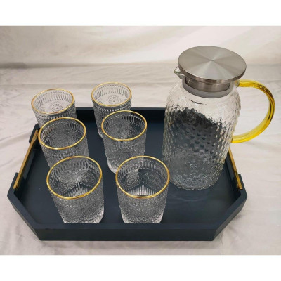 COMBO BỘ BÌNH SẦN CỐC THỦY TINH VÂN TRÒN NỔI CHỊU NHIỆT CAO CẤP KÈM KHAY XANH