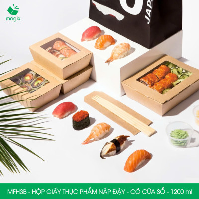 MFH3B - 1200ml - 25 hộp giấy kraft đựng thực phẩm, hộp giấy đựng thức ăn có cửa sổ, hộp đựng cơm