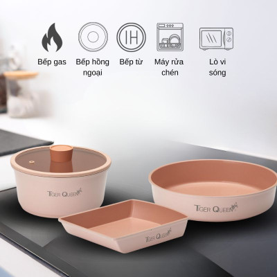Bộ nồi Ceramic từ tính tay cầm rời Tiger Queen DCWCP-SET [5 món] - Màu hồng hoa anh đào - Chính hãng