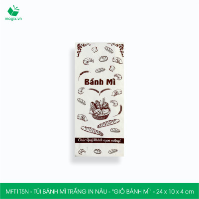 MFT1T5N - 24x10x4 cm - 100 Túi bánh mì Trắng, in sẵn họa tiết GIỎ BÁNH MÌ - Bao bánh mì Túi giấy thực phẩm an toàn