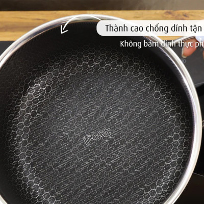 [Hàng chính hãng] Nồi nông inox iMat Blackcube 22cm, Cao 9.8cm, Thể tích 3.2l, Phủ chống dính Daikin-Nhật Bản thế hệ mới