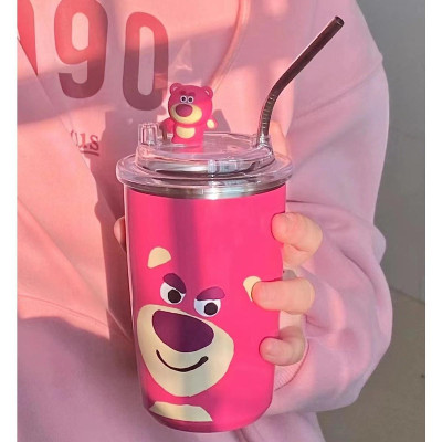 Cốc Giữ Nhiệt Gấu Dâu Losto Tiện Dụng Kèm Túi Và Ống Hút Bằng Thép Không Gỉ, Inox 304 Cao Cấp Dung Tích 450ml