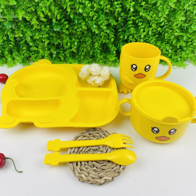 Bộ bát đĩa khay ăn dặm cho bé cute hình vịt vàng 5 món khay, bát, cốc , thìa ,đũa , dĩa ăn